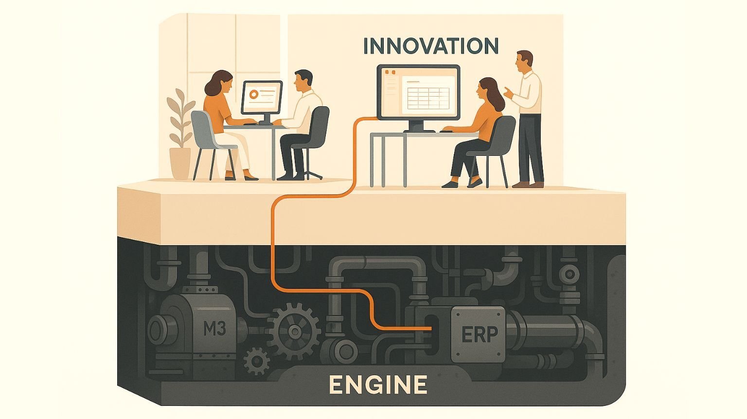 Illustration showing ERP’s complex engine below and a bright, user-friendly workspace above