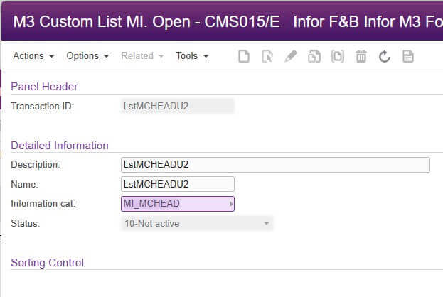 Infor M3 custom list open CMS015