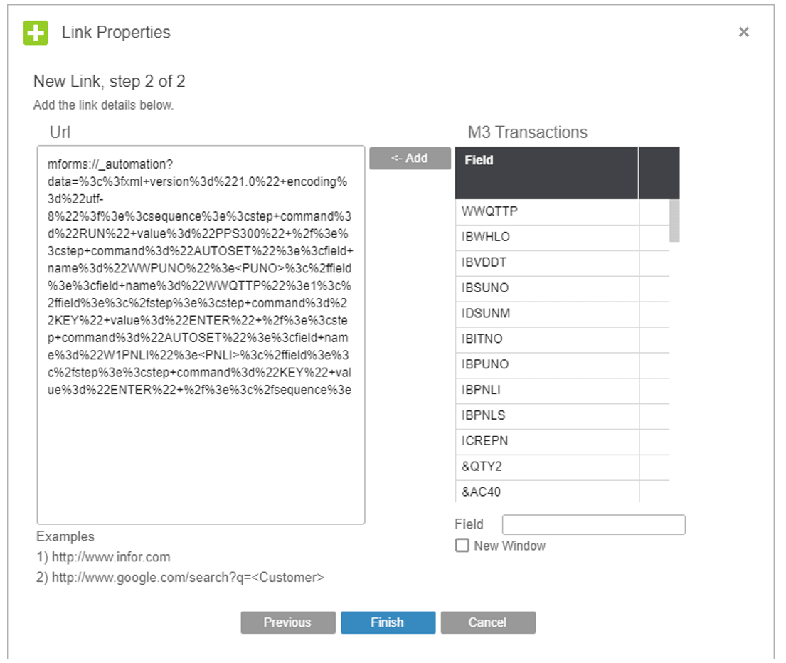 Link properties infor m3