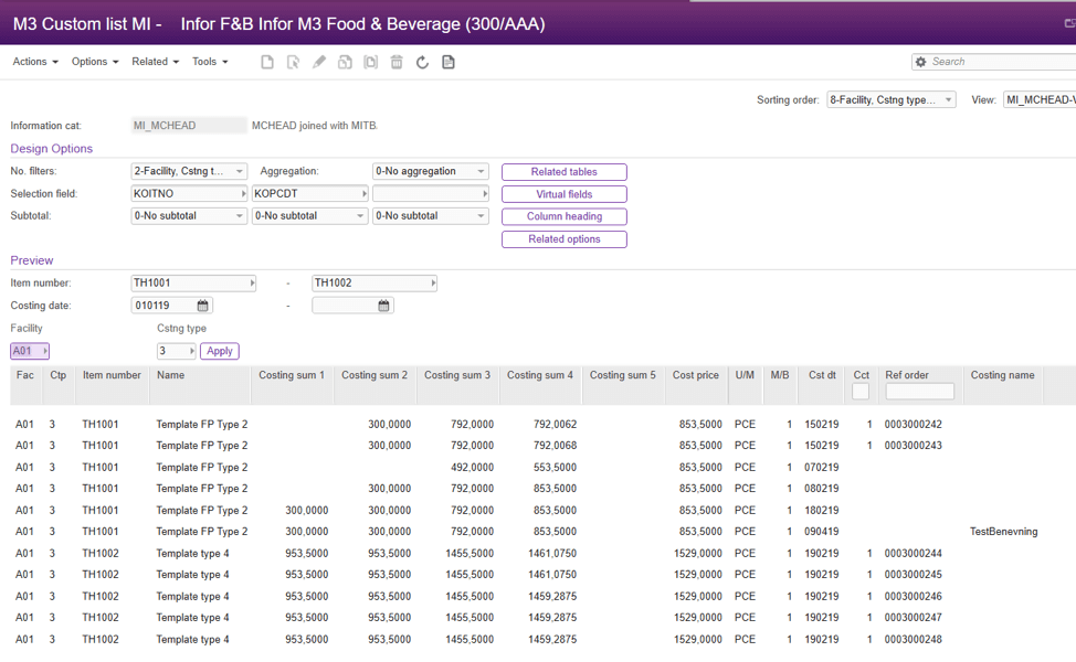 M3 custom list MI (300/AAA) Infor food & Beverage