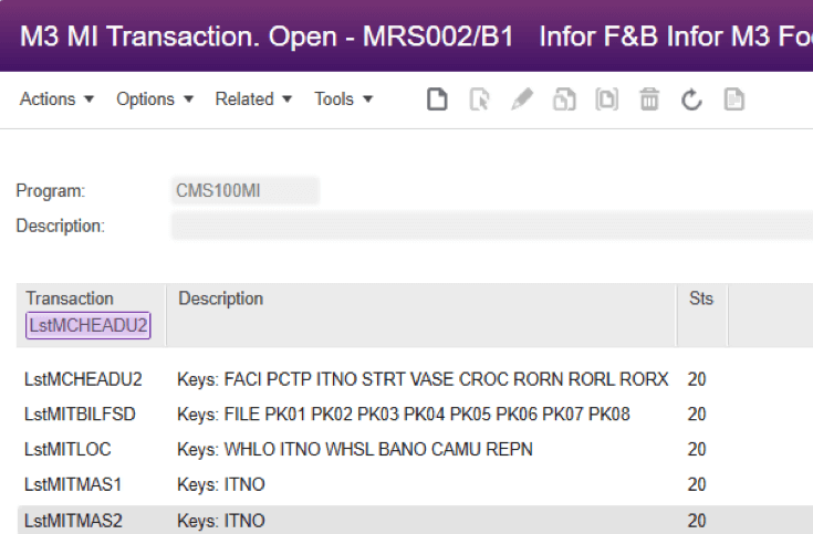 Infor M3 transaction MRS002