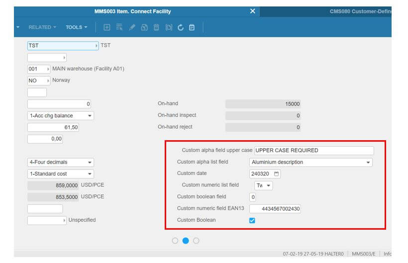 Custom fields infor m3 mms003