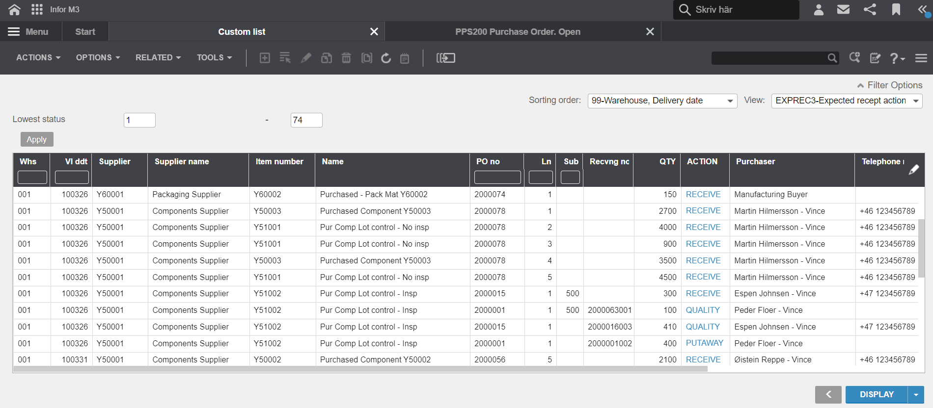 infor m3 custom list purchase order